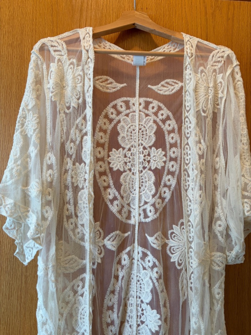 #608 White Lace Crochet Swim Coverup Kimono - Picture 2 of 8